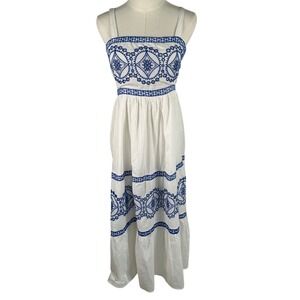 NAOO Cotton Eyelet Midi Dress Women S White Blue Embroidered‎ Sundress Smocked